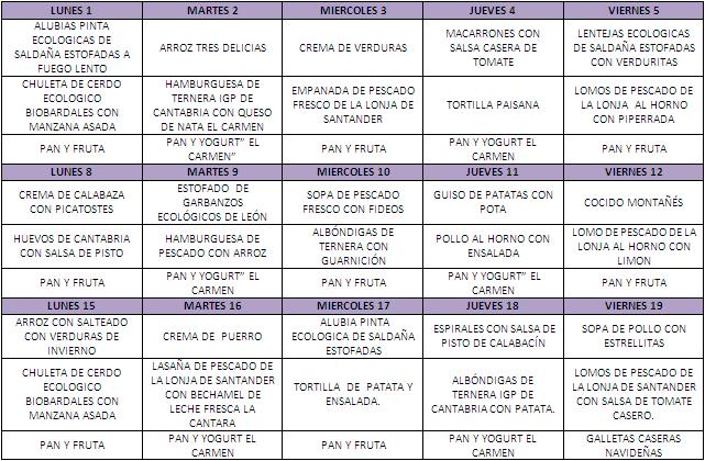 MENÚ DE COMEDOR DE DICIEMBRE